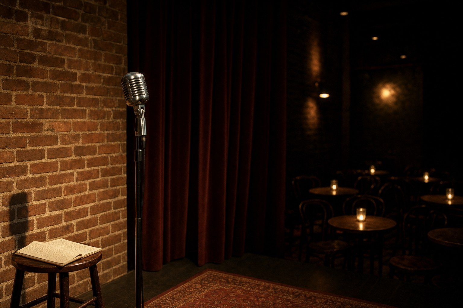 An empty brick-walled comedy club stage with a microphone and a notebook on a stool