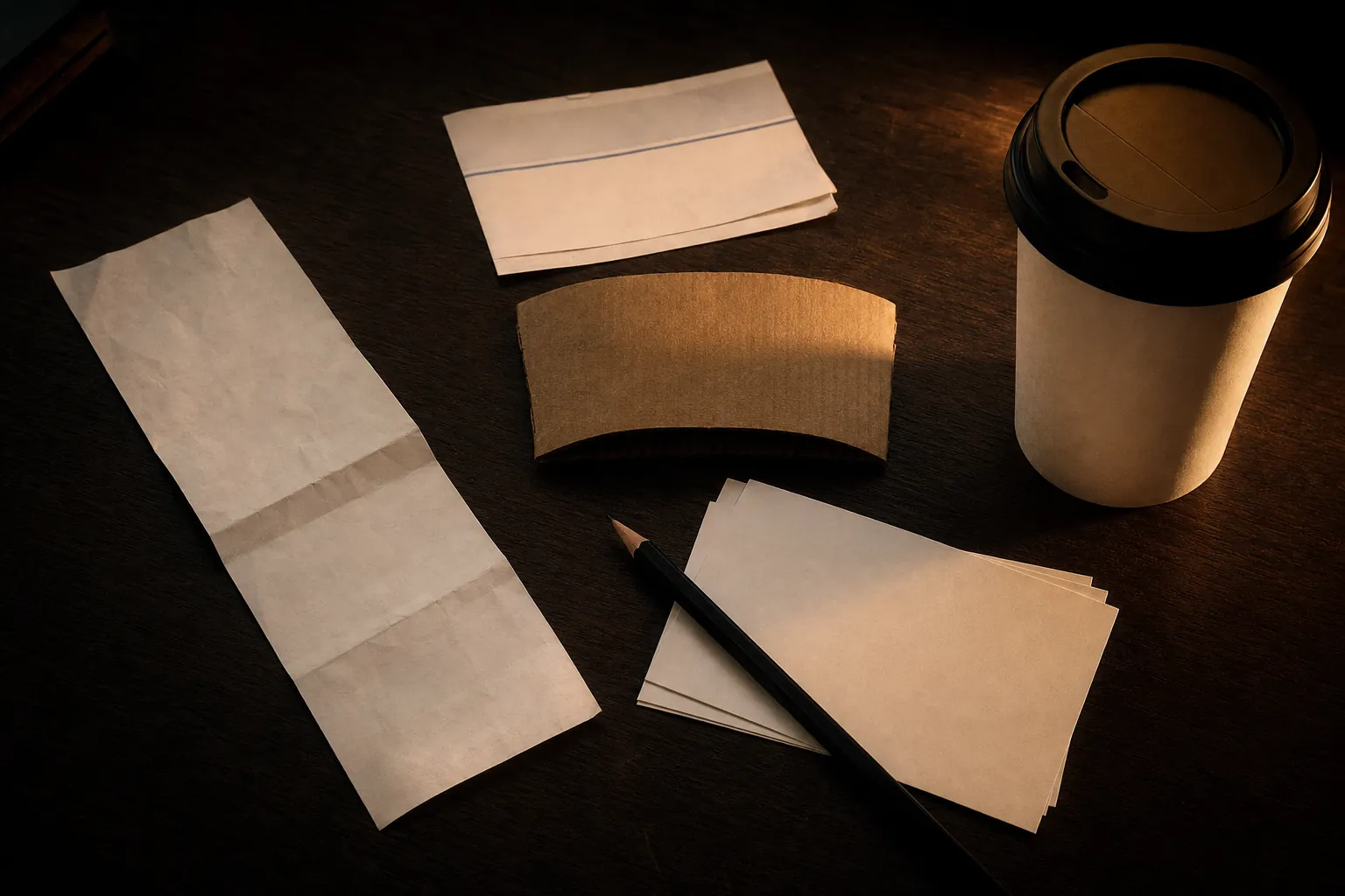 Blank note cards, a pencil, a coffee cup, and everyday paper items arranged on a dark wooden table