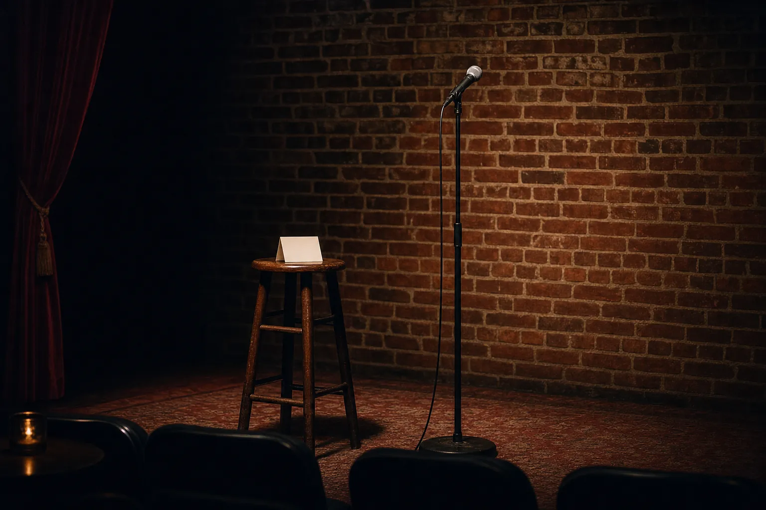 An empty brick-wall comedy stage with a microphone, stool, and folded blank note card