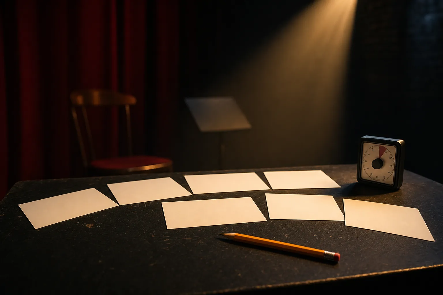 Blank index cards and a pencil arranged under a warm rehearsal-room spotlight
