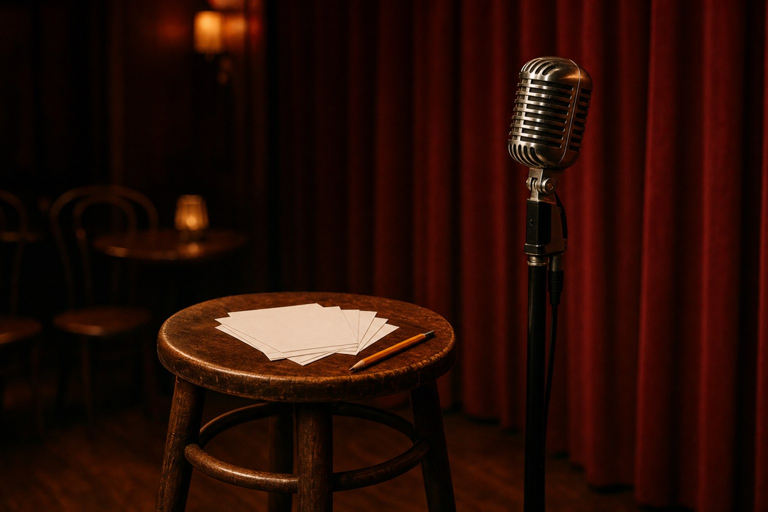 A vintage microphone beside blank index cards and a pencil on a wooden stool in a comedy club