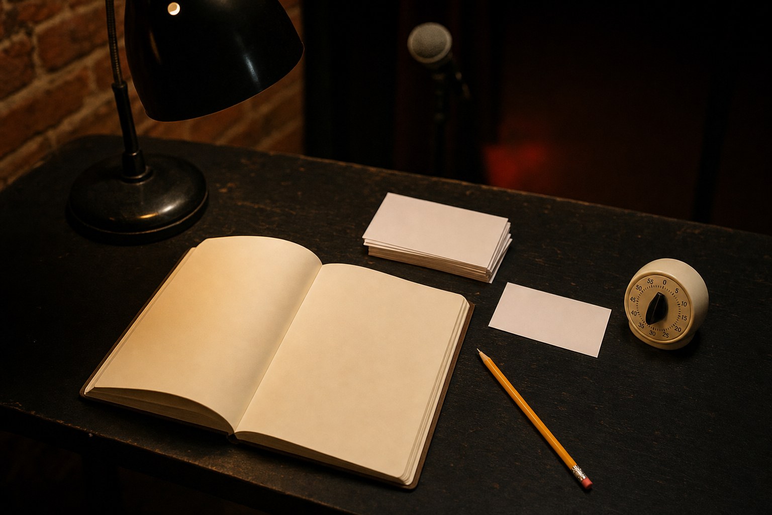A blank notebook, index cards, pencil, and kitchen timer on a backstage writing table