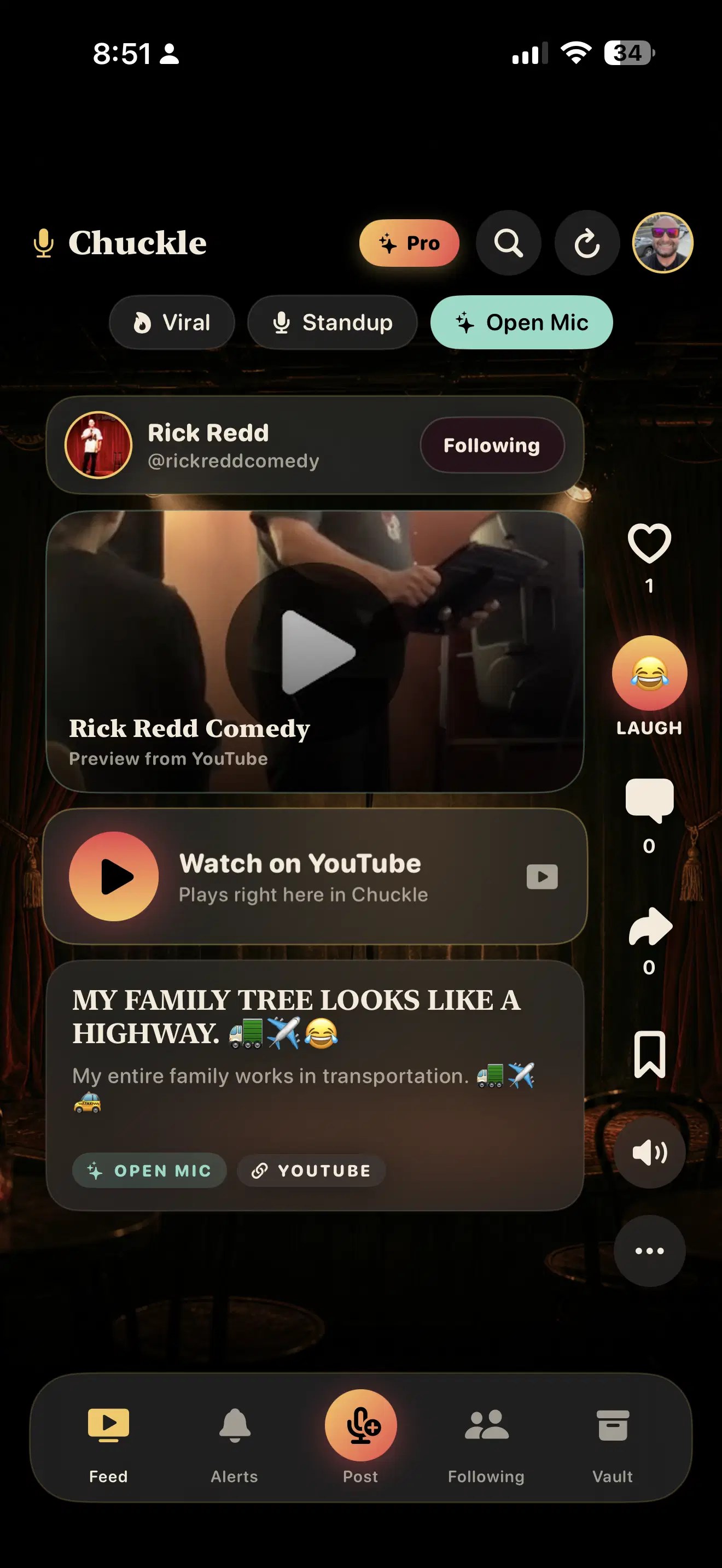 Chuckle Open Mic feed showing a stand-up clip and community engagement controls