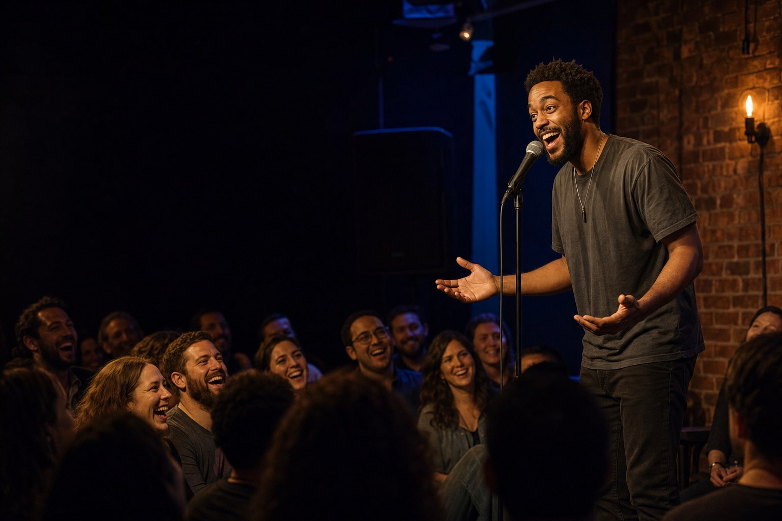 A microphone, stool, set list, and phone recorder on an empty comedy-club stage