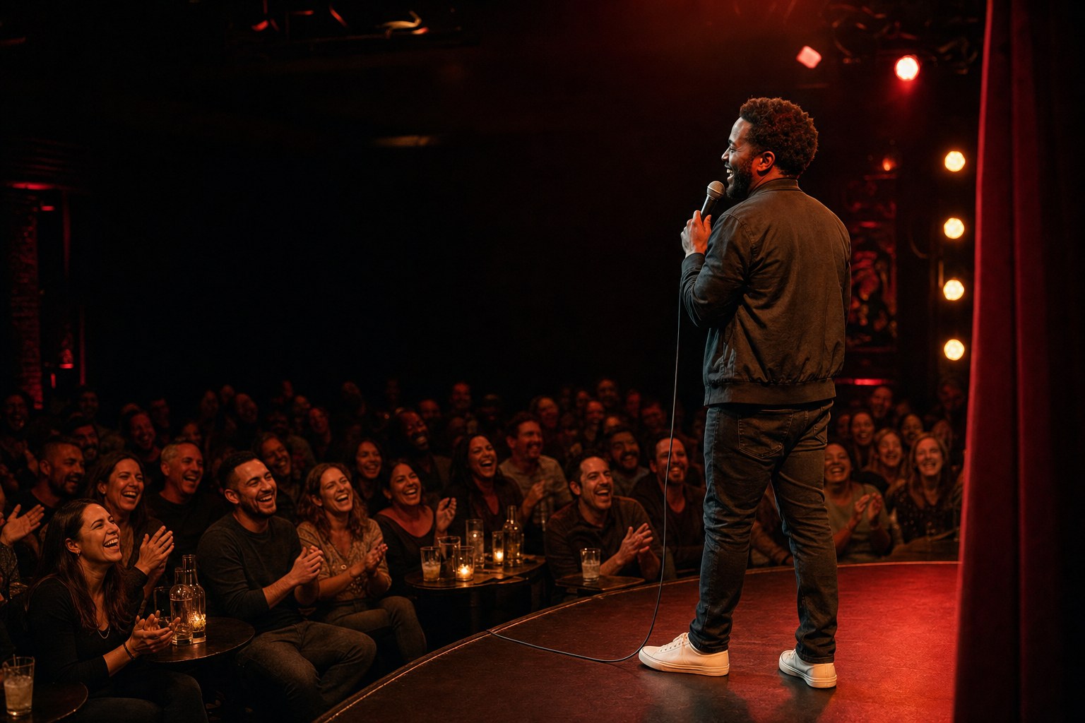 An empty comedy club with chairs facing a stage microphone under warm lights