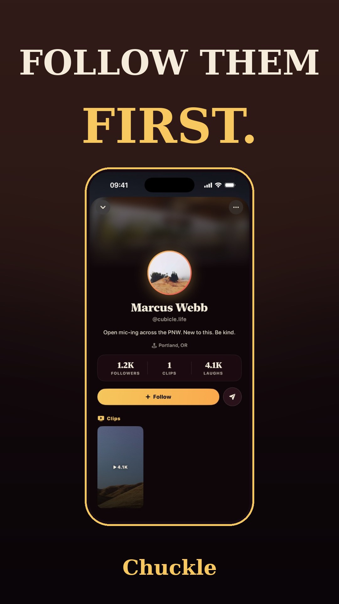 A Chuckle comedian profile showing clips, followers, and profile information