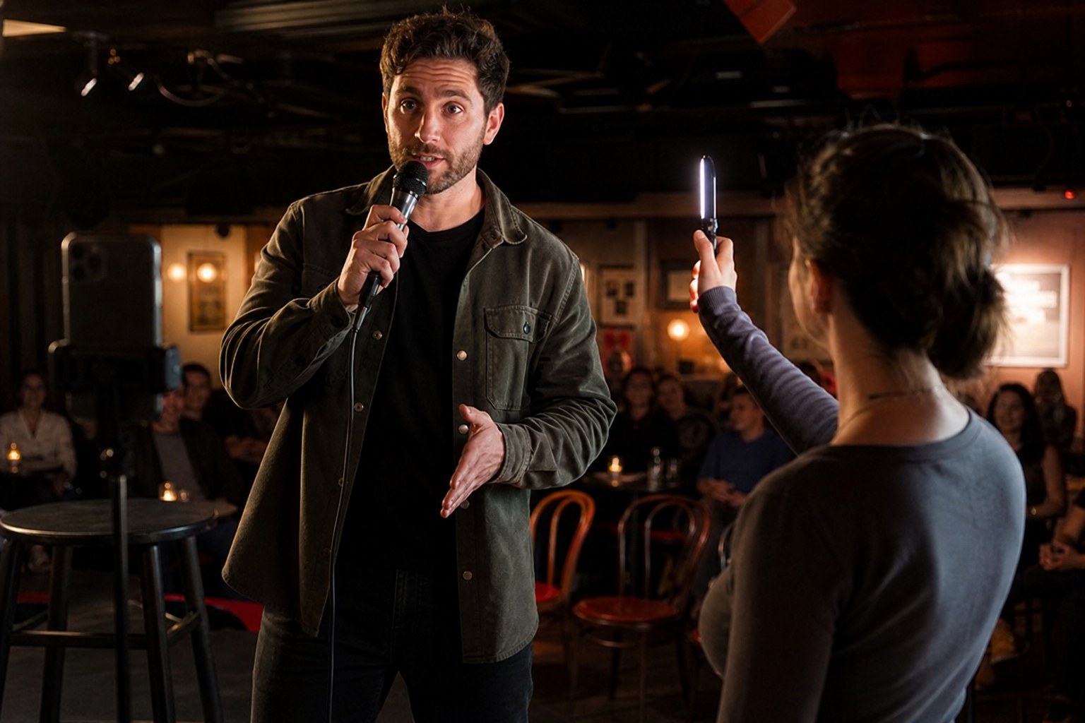 A comedian recording a short promotional clip at a small comedy venue