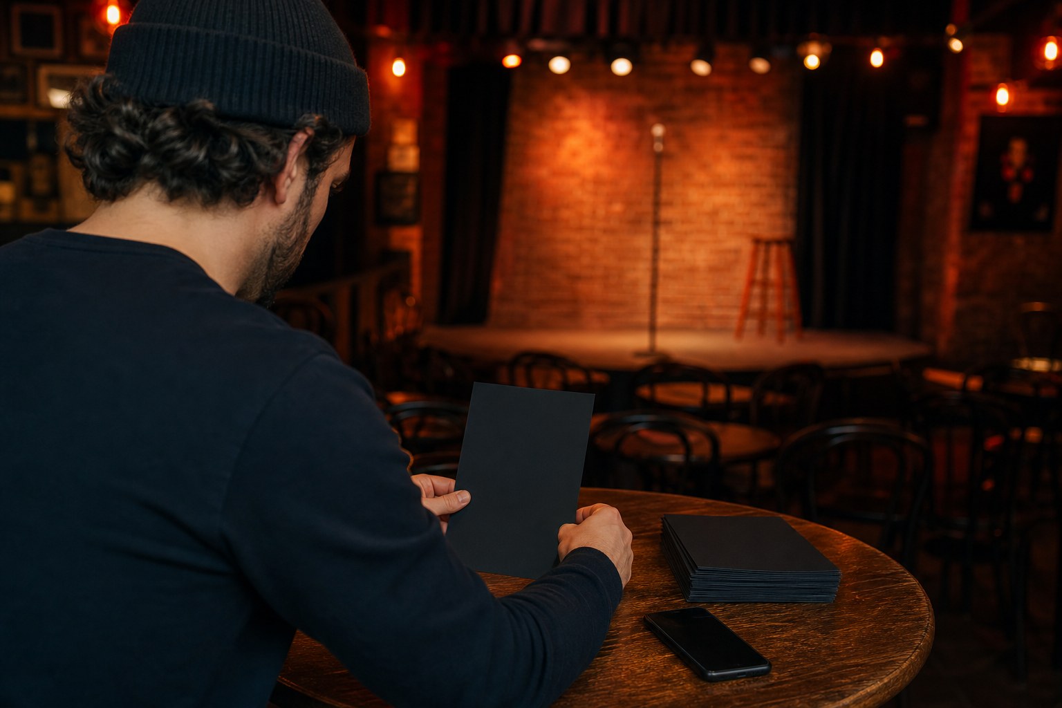 A comedian planning promotion for a small comedy show before doors open