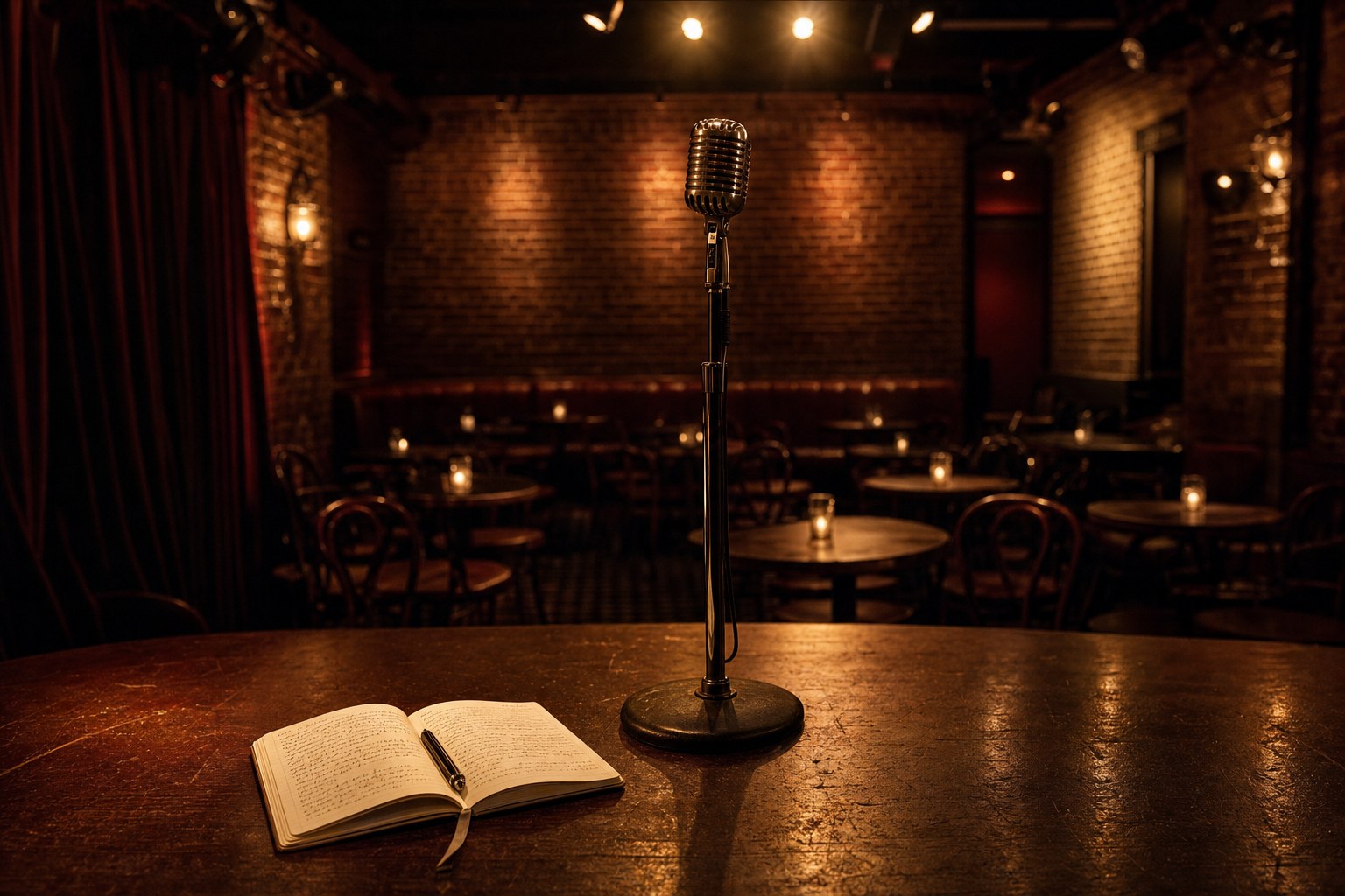 A vintage microphone and open notebook on an empty comedy-club stage