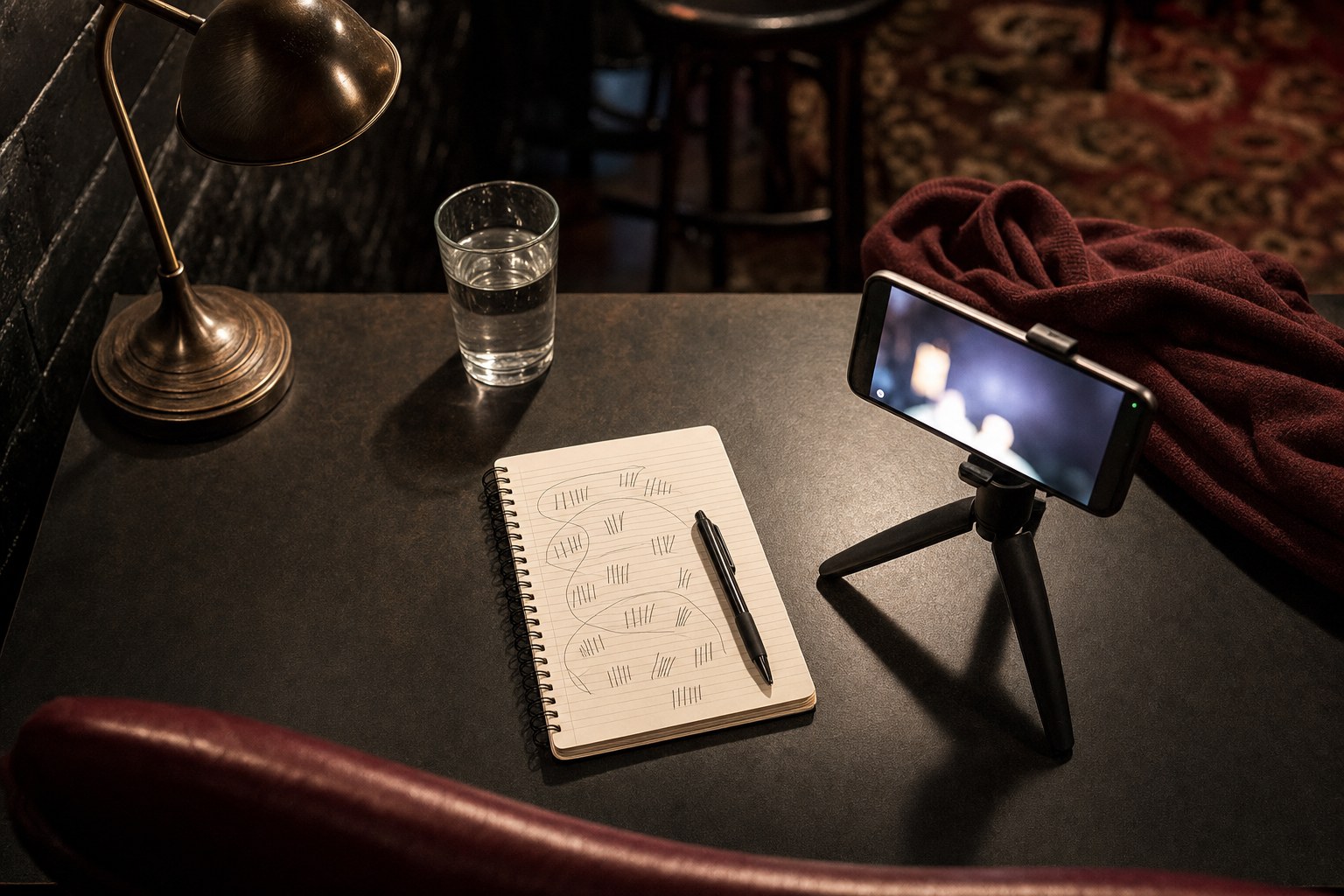 A notebook with laugh marks beside a phone recording on a comedy-club table
