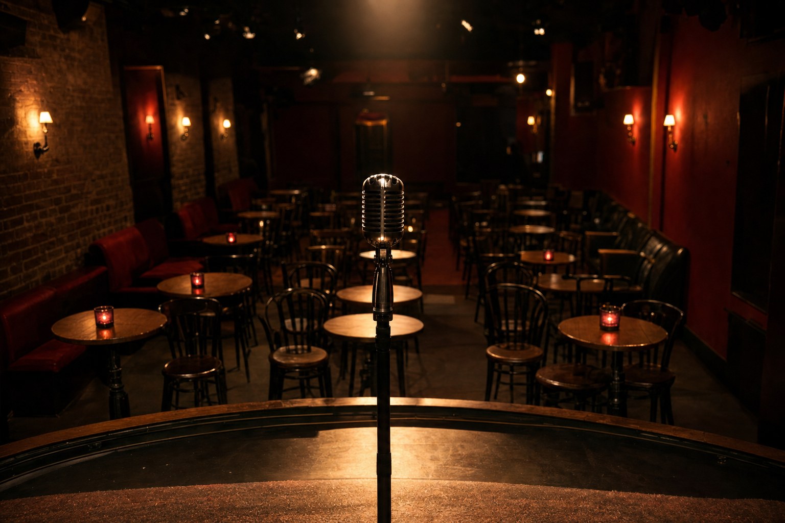 An empty comedy club viewed from the stage with a microphone facing the room