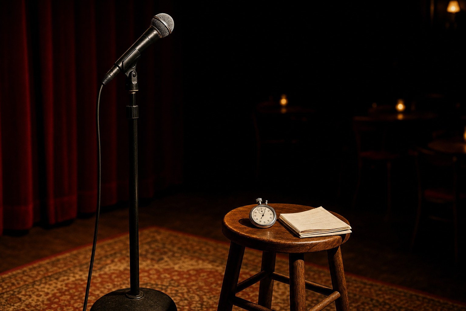 A microphone, stopwatch, and folded set list on a comedy-club stool