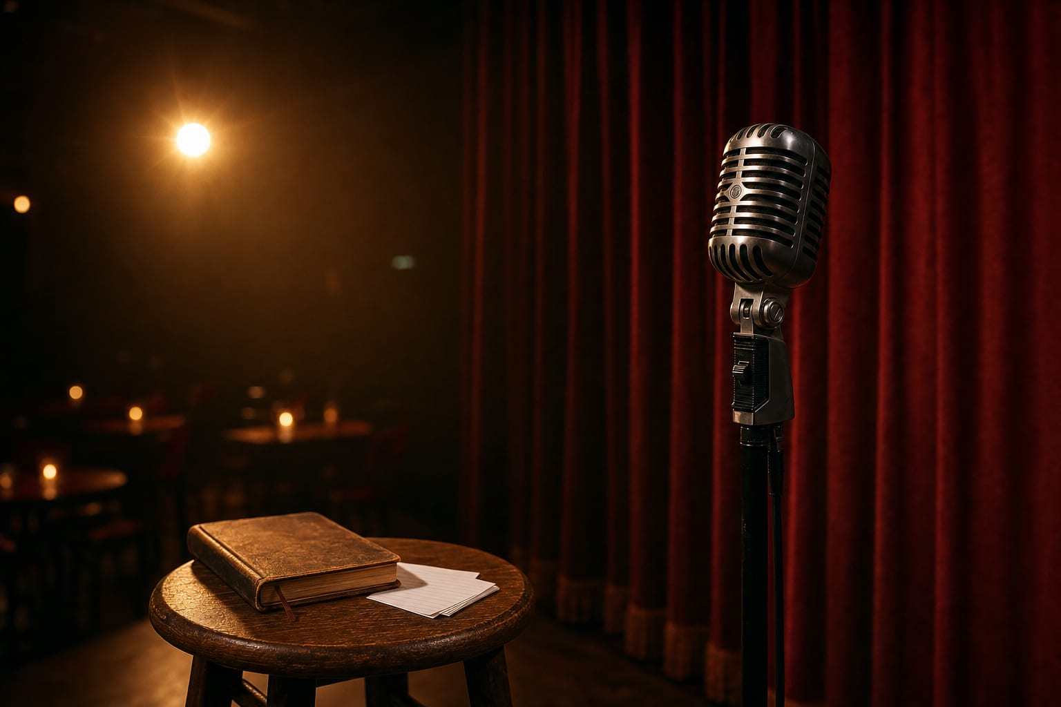 A vintage microphone, notebook, and blank index cards on a stool in a dim comedy club