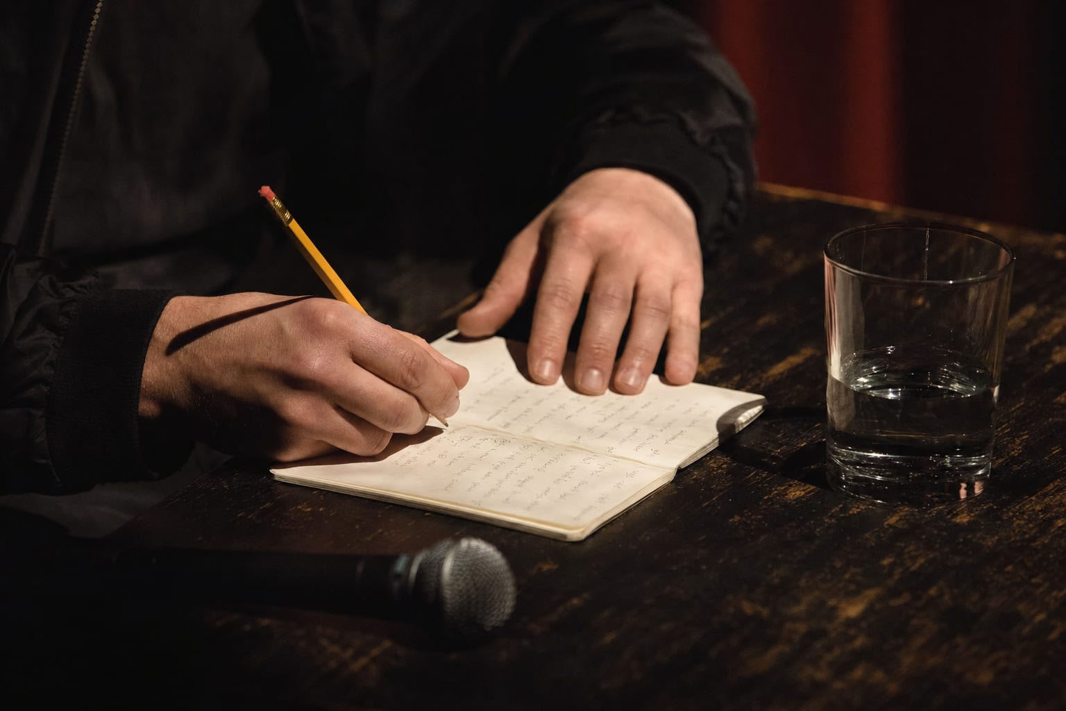 A comedian’s hands writing notes in a notebook beside a microphone