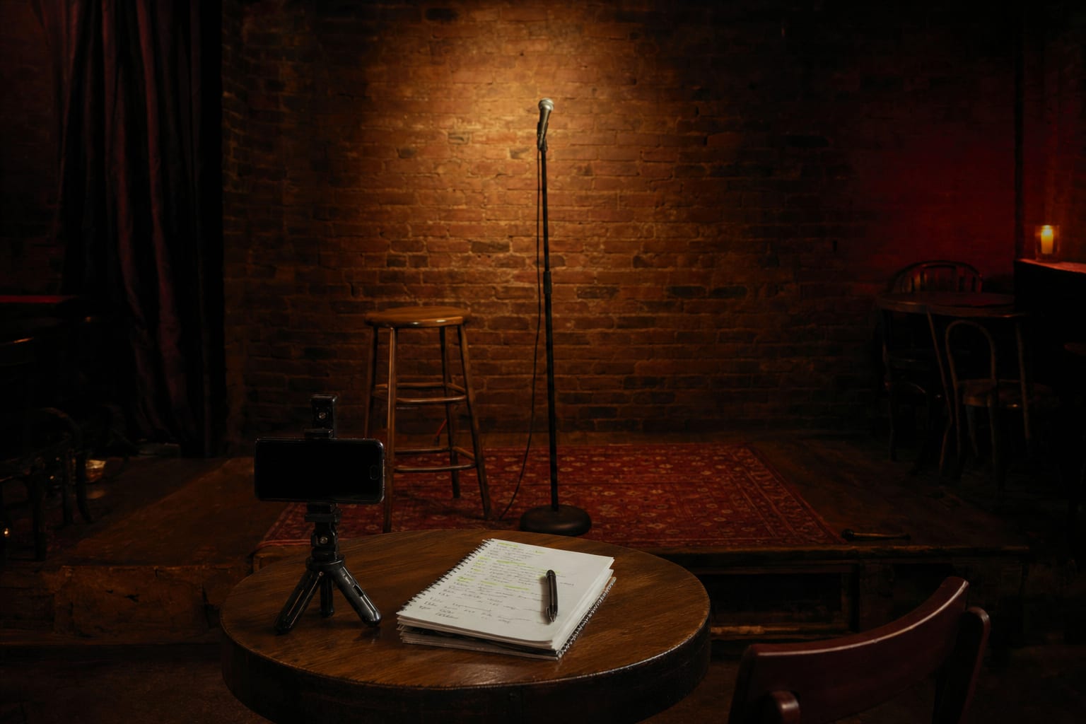 An empty comedy-club stage with a microphone, stool, notebook, and phone recording setup