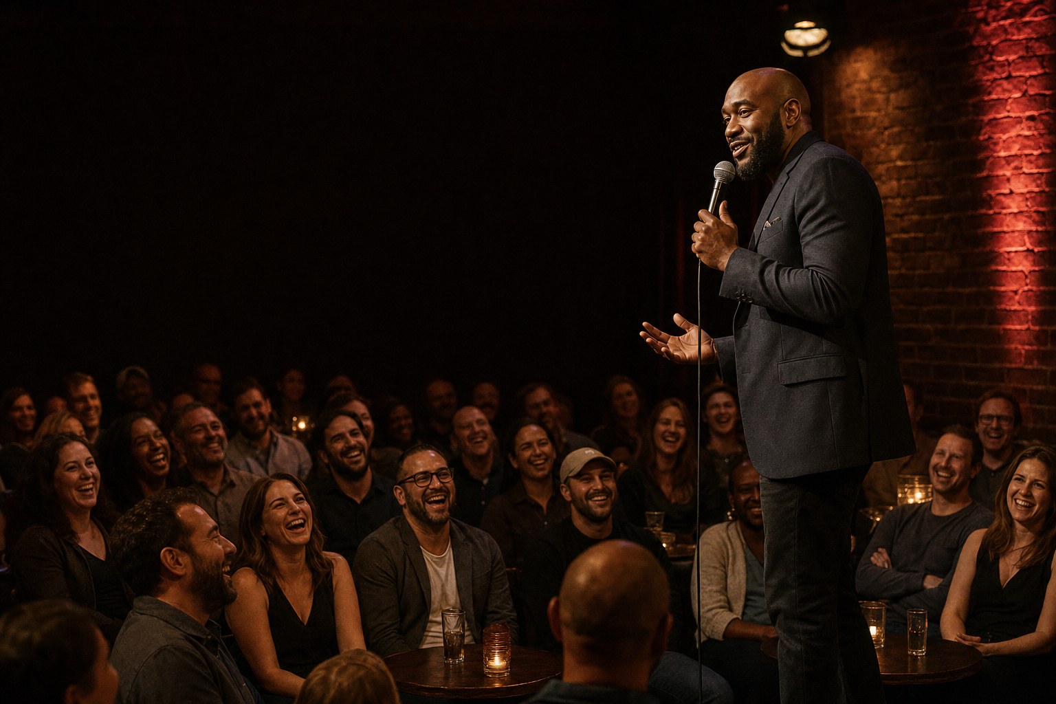 Stand-up comedian performing for a comedy-club audience