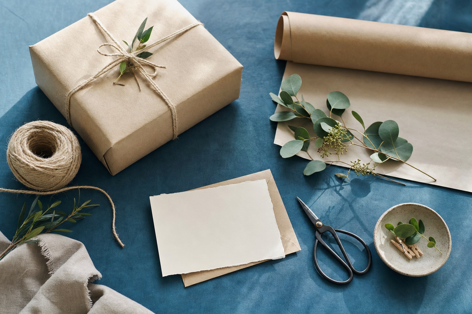 Gift wrapping supplies on a blue tabletop