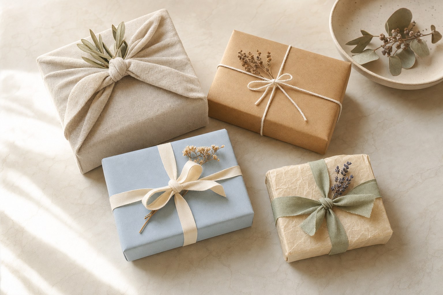 Four thoughtfully wrapped gifts in paper and linen