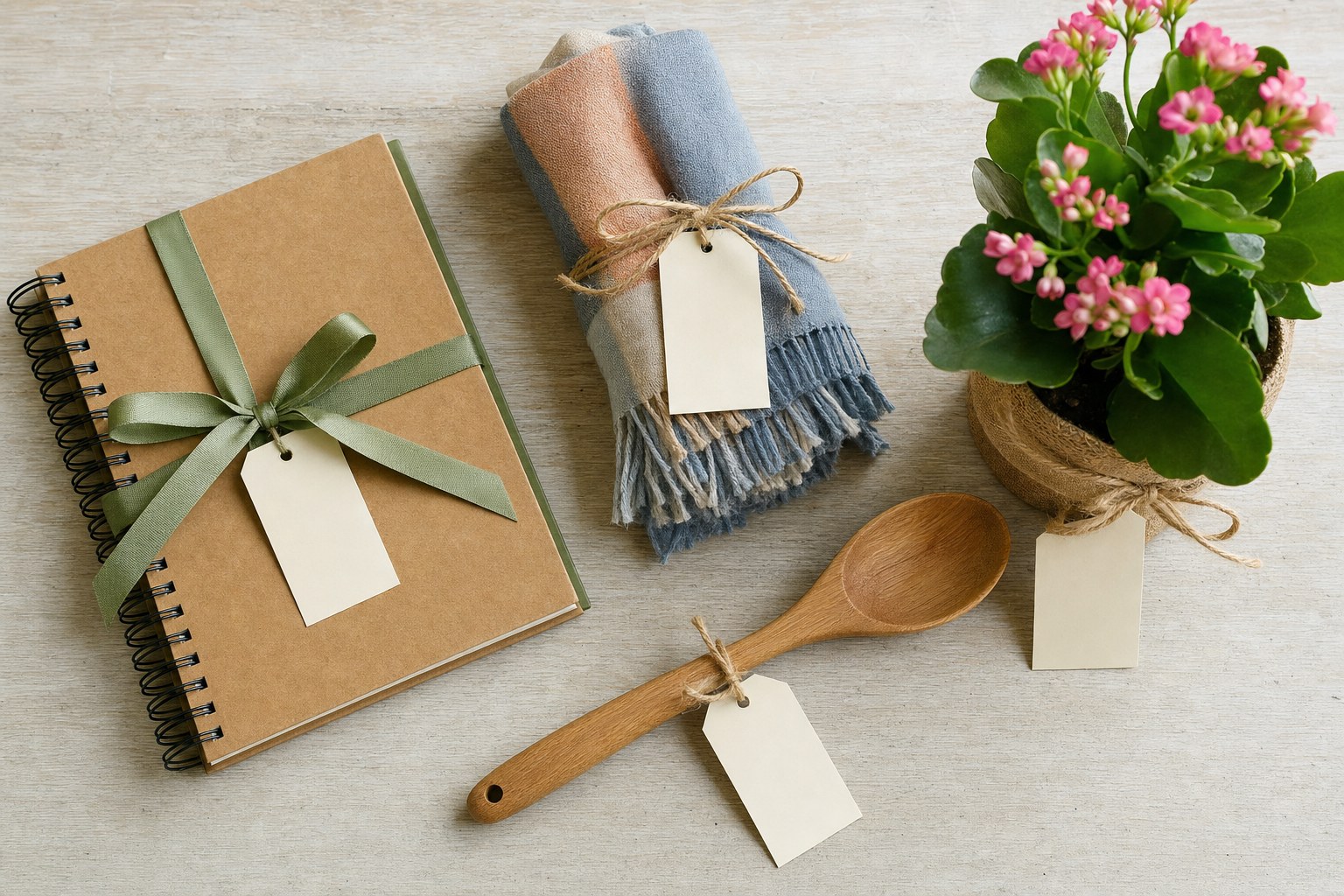 A notebook, folded scarf, wooden spoon, and flowering plant chosen as gifts