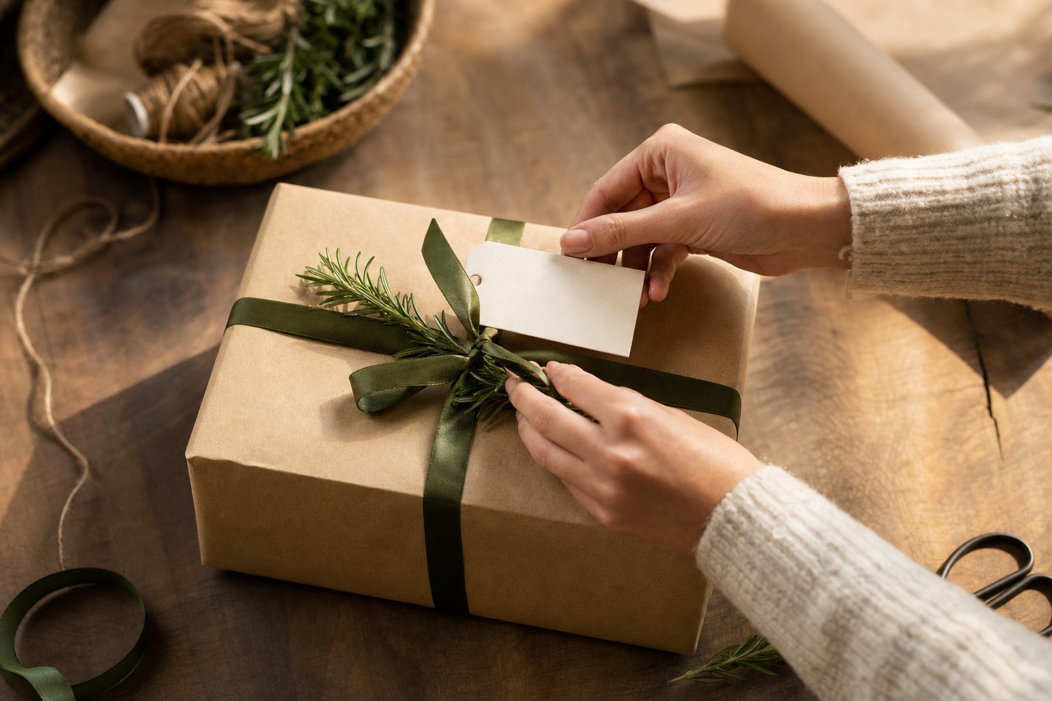 Hands adding a blank card to a brown-paper gift tied with green ribbon and rosemary