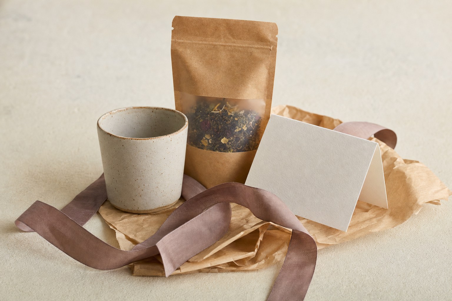 Ceramic cup, tea pouch, ribbon, and blank card arranged as a small gift set