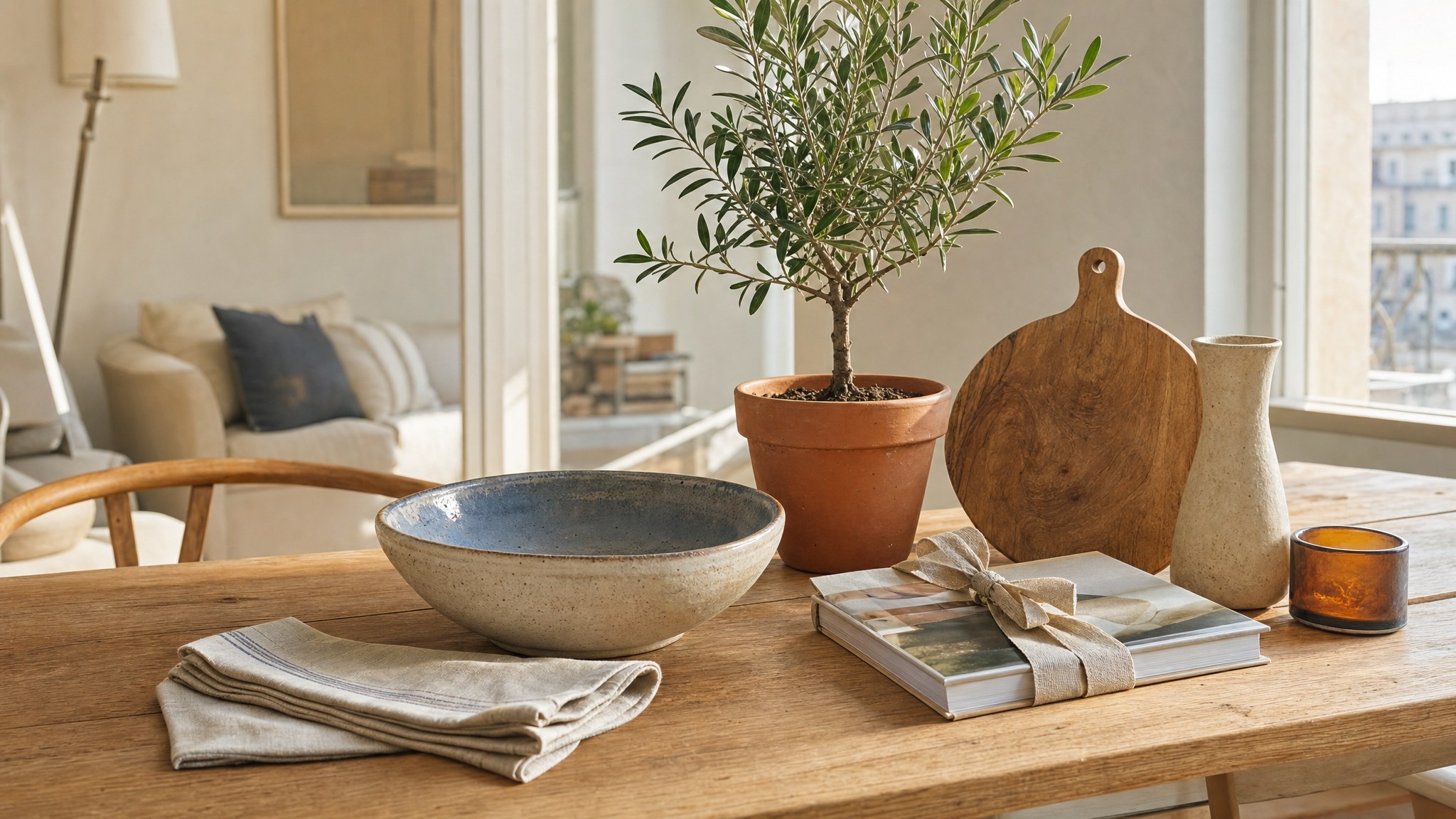 Ceramic bowl, linen napkins, and an olive tree arranged on a sunlit table