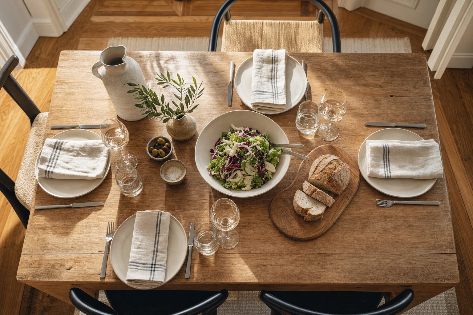 A relaxed table set with linen napkins, bread, and a serving bowl for a shared meal