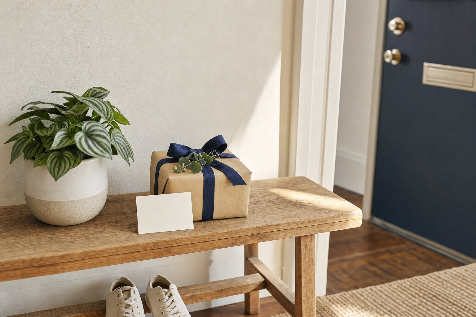 A modest wrapped gift and a blank card resting beside a potted plant in an entryway