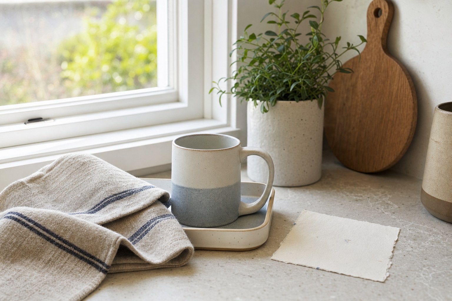 Ceramic mug, linen tea towel, and potted plant on a sunny kitchen counter