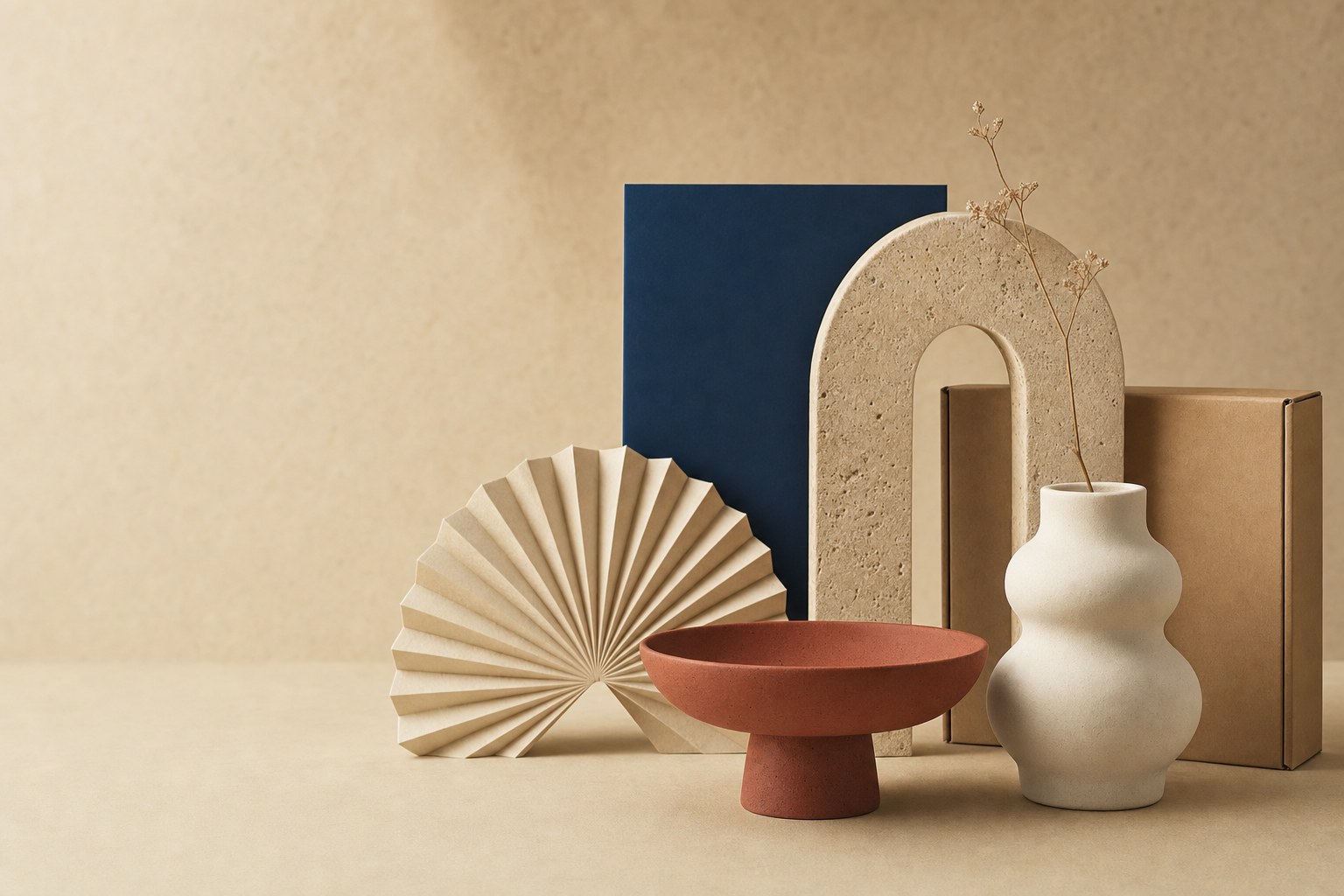 Editorial still life with sculptural forms in navy, terracotta, and cream