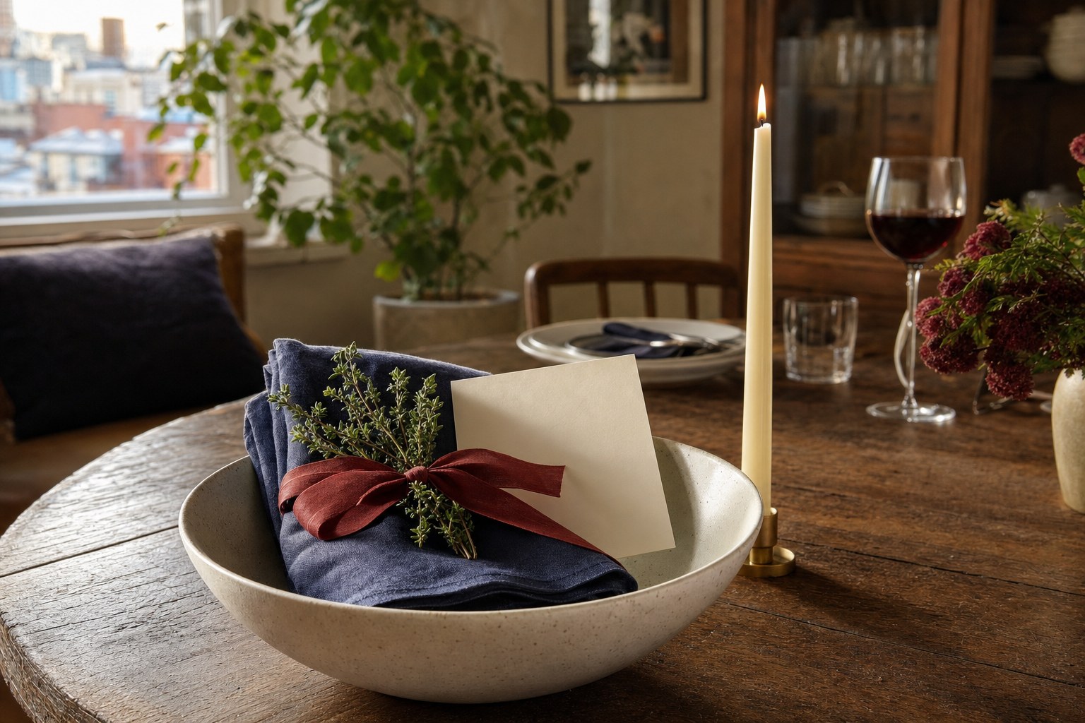 A linen-wrapped host gift arranged in a ceramic bowl on a dining table