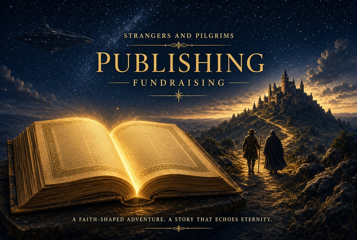 Strangers and Pilgrims Publishing fundraising: an open book, two pilgrims, and a castle beneath a starry sky
