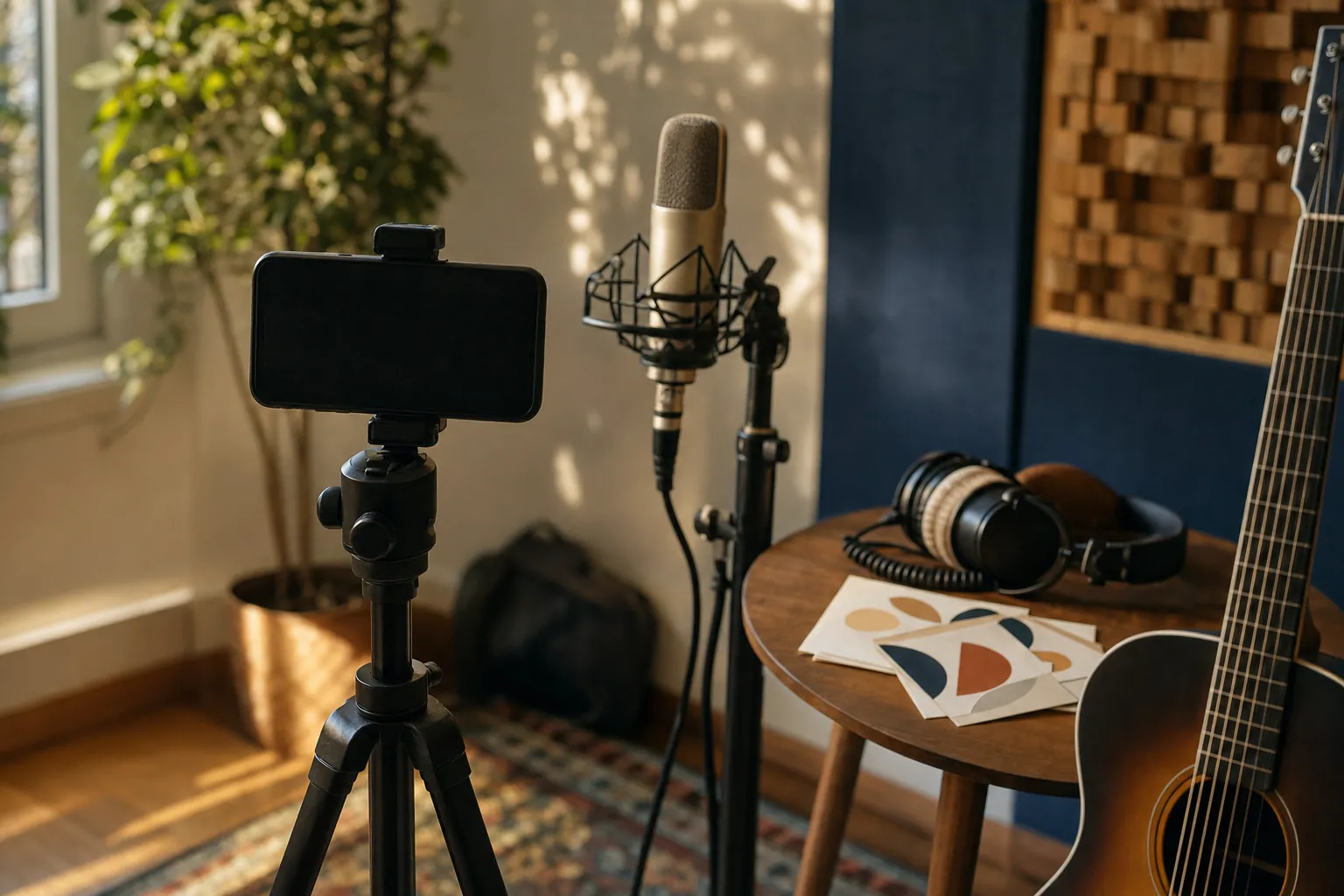Phone on a tripod facing an independent artist home-studio performance setup with a microphone, guitar, headphones, and visual reference cards