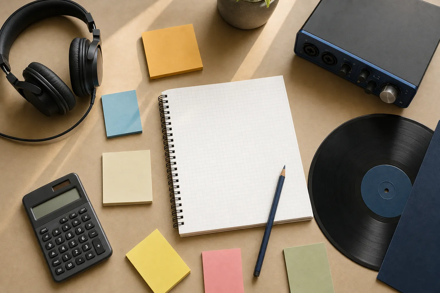 Campaign review table with graph paper, sticky notes, calculator, headphones, audio interface, pencil, and vinyl record