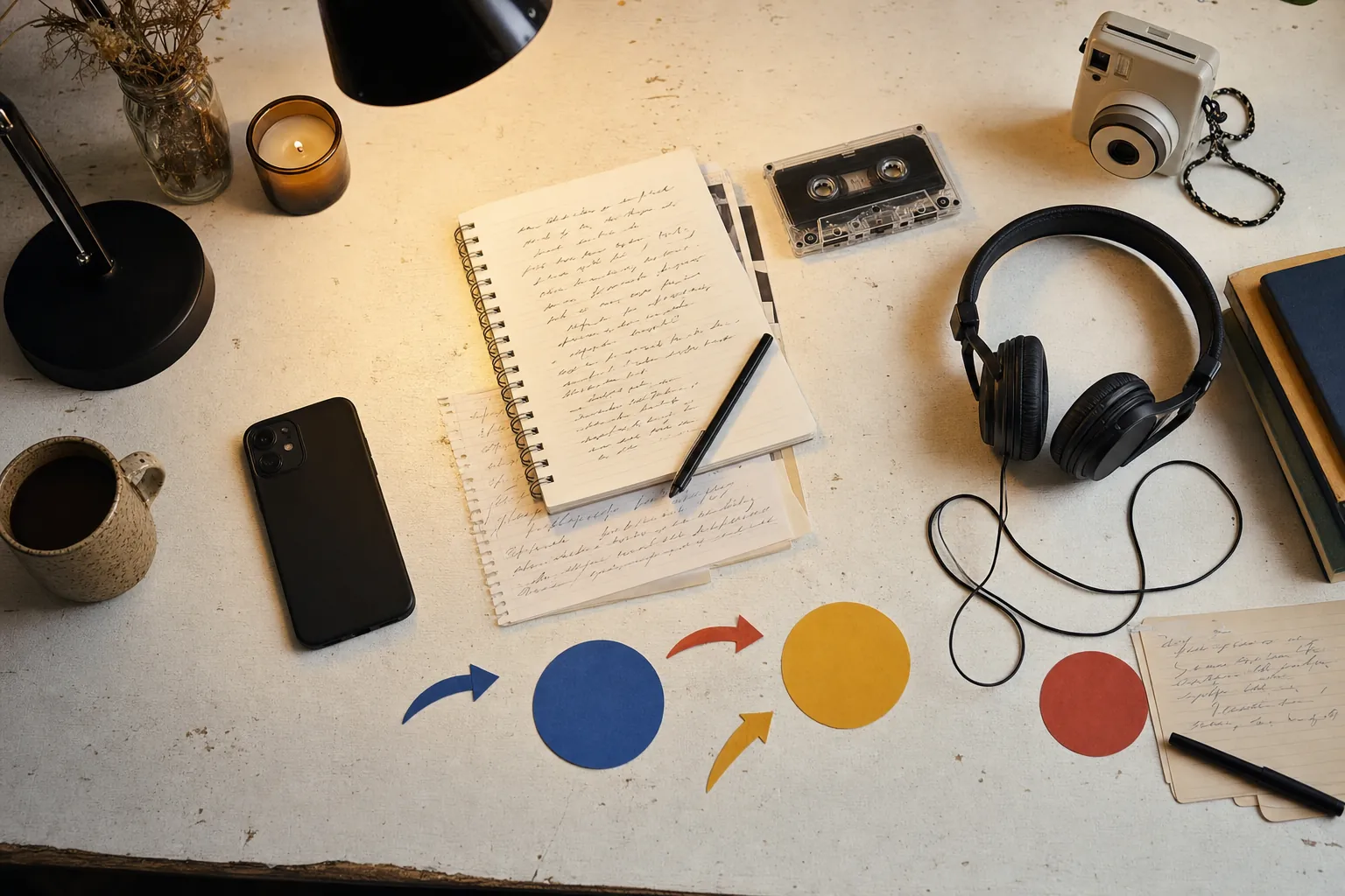 Independent artist desk with a notebook, cassette, headphones, camera, phone, and colorful conversation prompts arranged on a textured tabletop