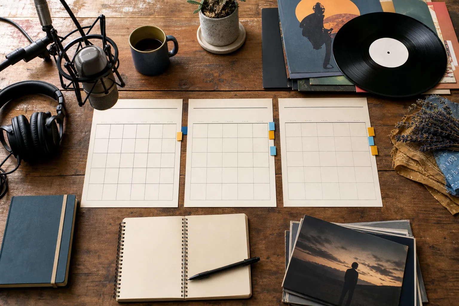Three-part music marketing roadmap with blank planning calendars, recording microphone, headphones, and release materials