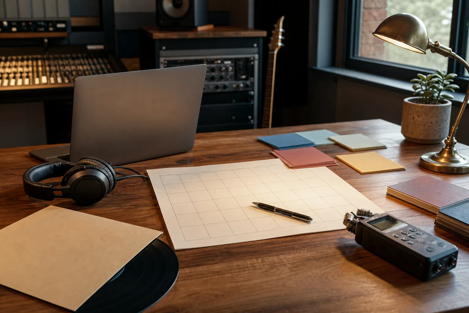 Independent artist music marketing plan workspace with calendar, headphones, release materials, and studio equipment