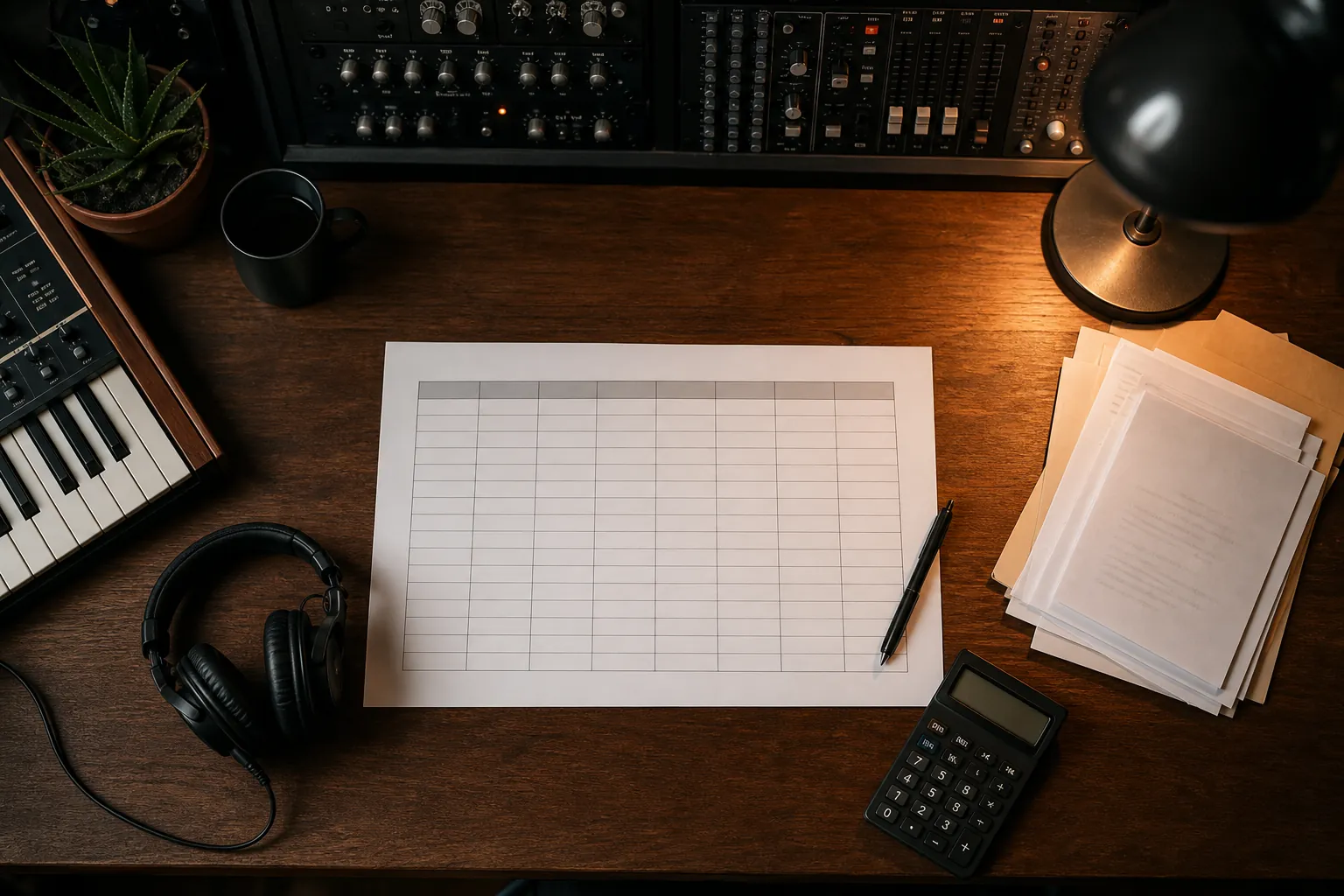 Independent artist campaign scorecard workspace with a blank review grid, headphones, calculator, and studio equipment