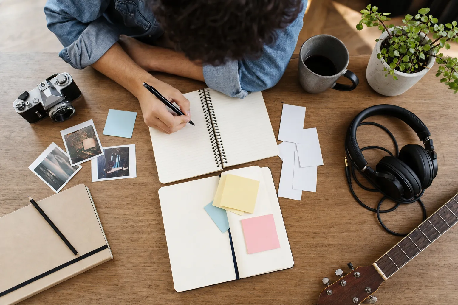 Independent artist mapping an audience at a desk with notebooks, headphones, camera, photographs, and a guitar
