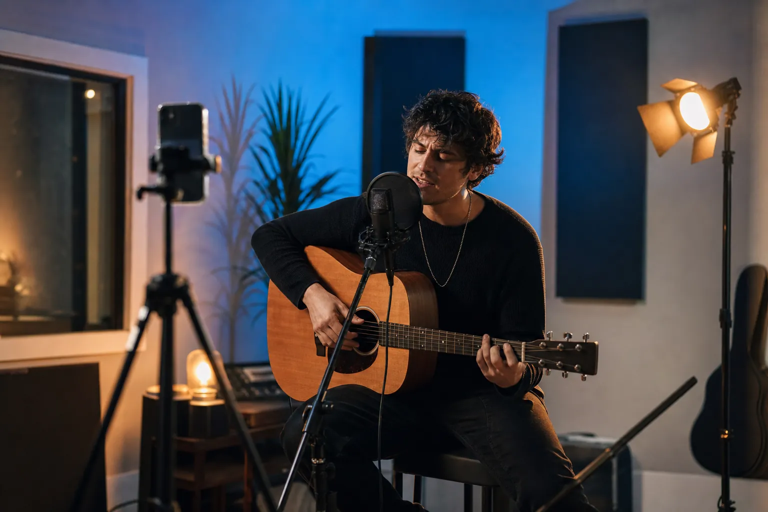 Independent artist filming an acoustic performance with a phone on a tripod in a recording studio
