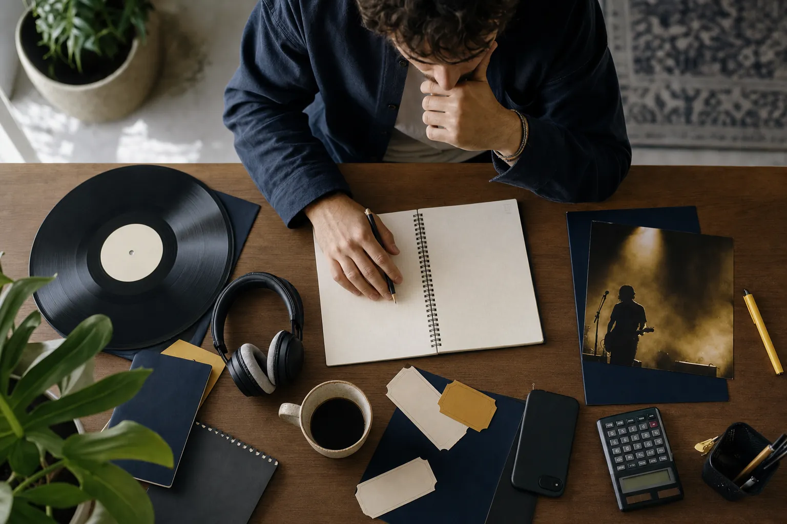 Independent artist reviewing campaign notes at a desk with records, headphones, calculator, and a notebook