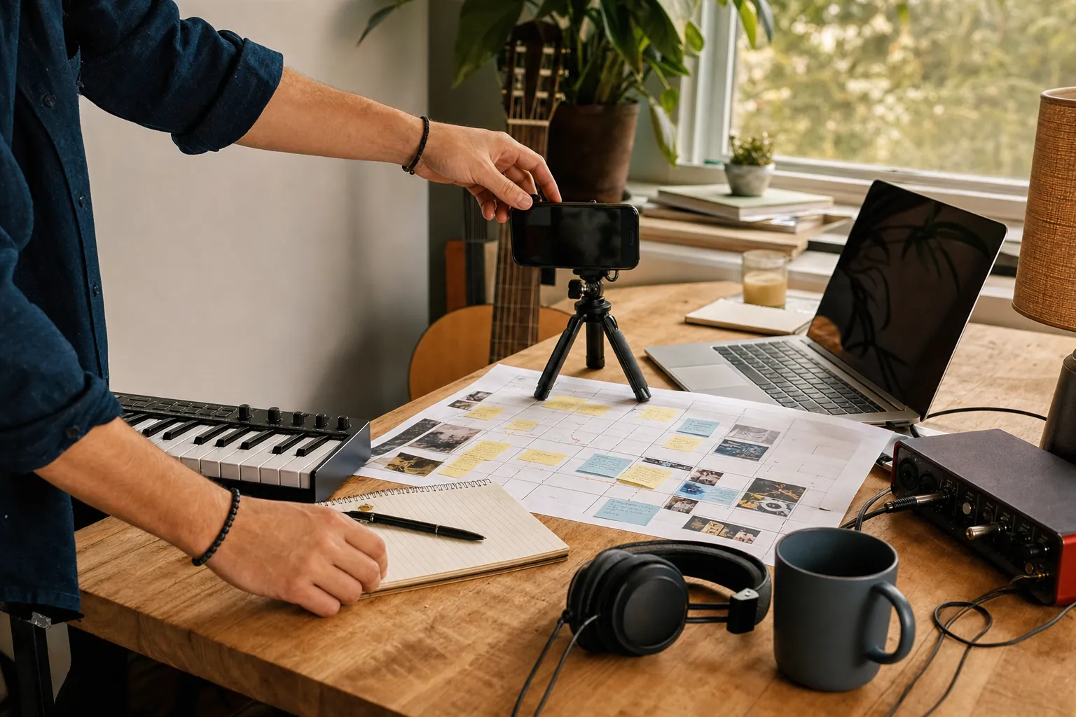 Independent artist preparing a short-form music campaign with a phone on a tripod, release calendar, keyboard, headphones, and studio desk