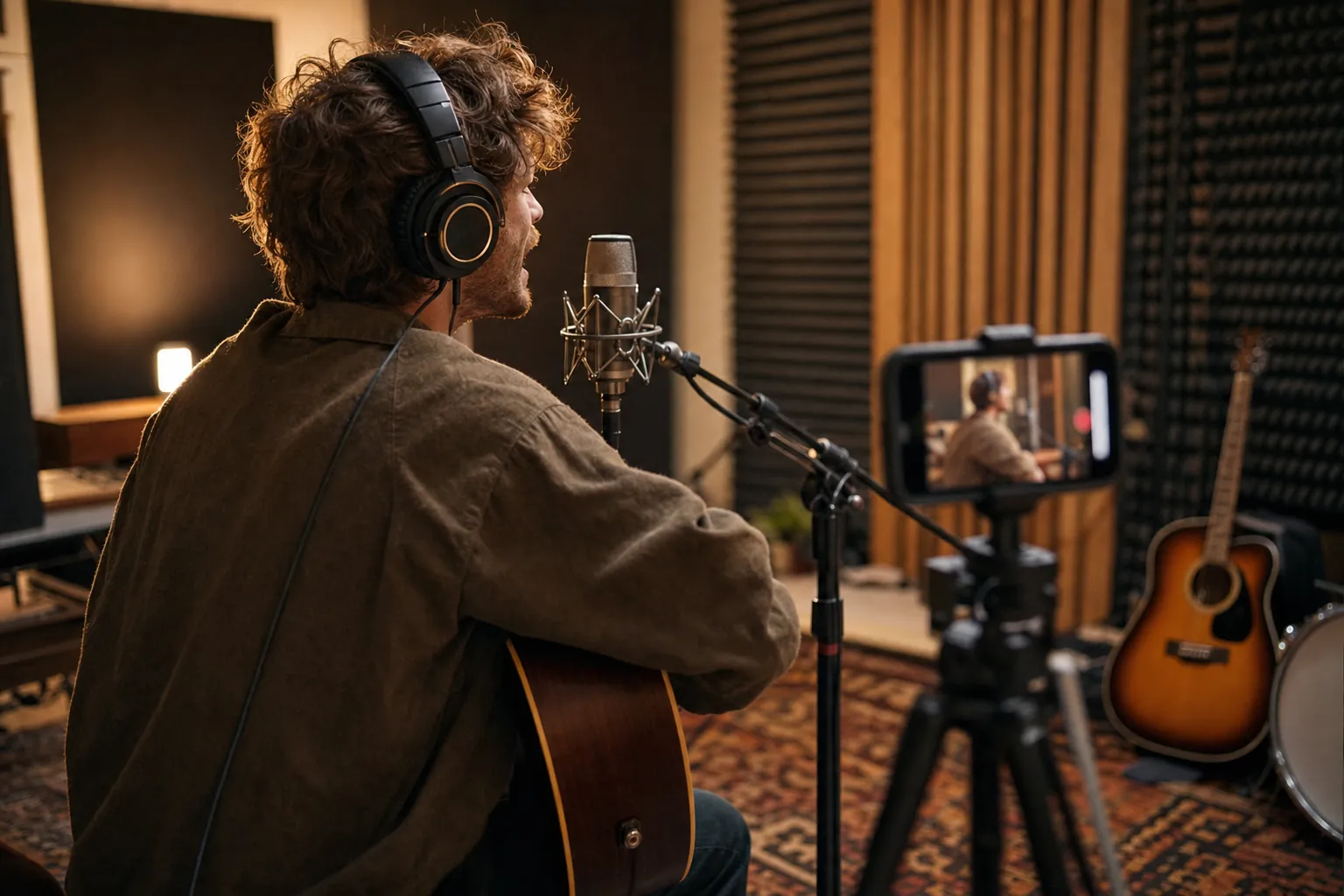 Independent musician recording a short performance clip with guitar, microphone, headphones, and a phone on a tripod in a studio