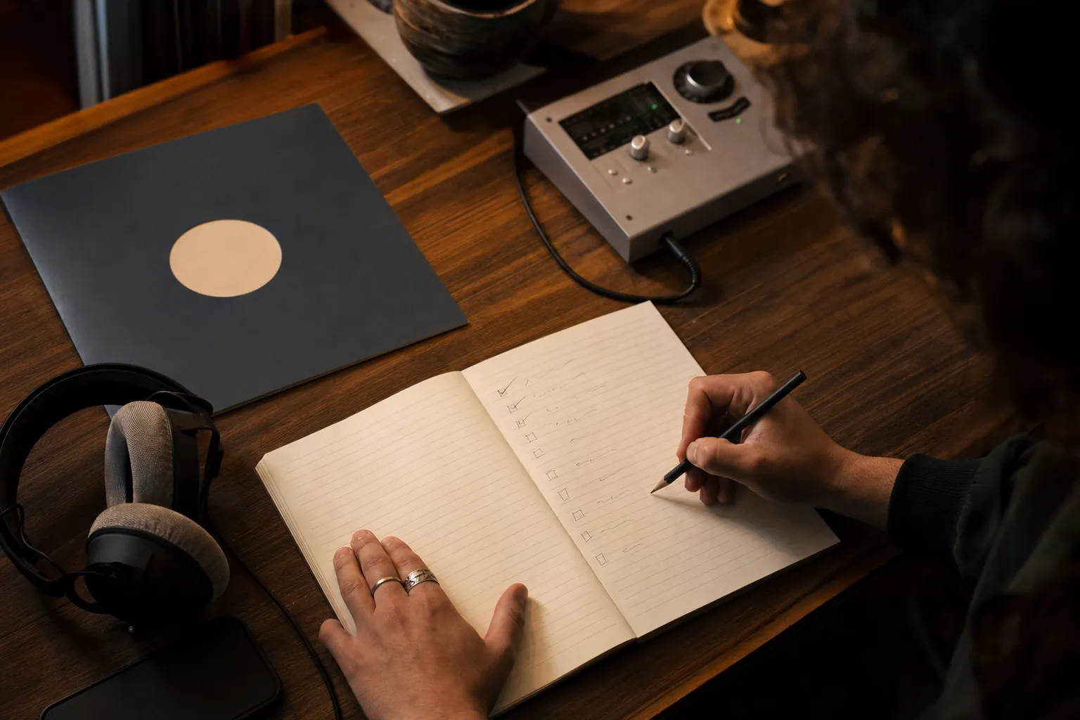 Independent artist reviewing a release checklist at a studio desk with headphones, phone, notebook, record sleeve, and audio interface