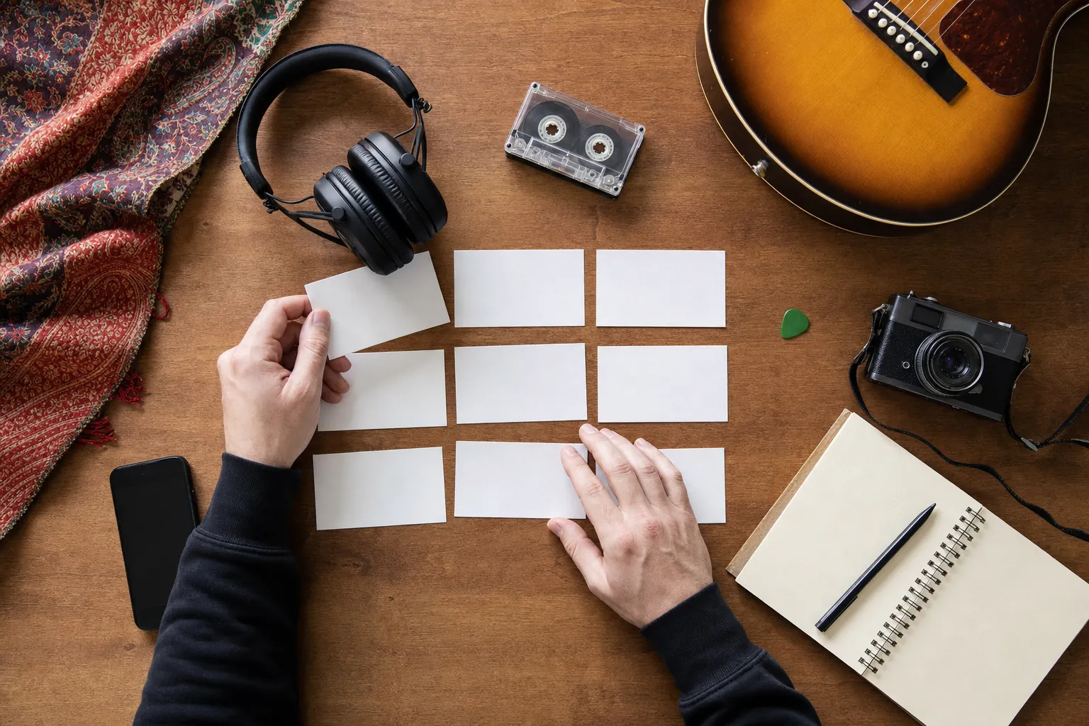 Independent artist arranging blank content ideas on a music studio table with headphones, cassette, camera, phone, guitar, and notebook
