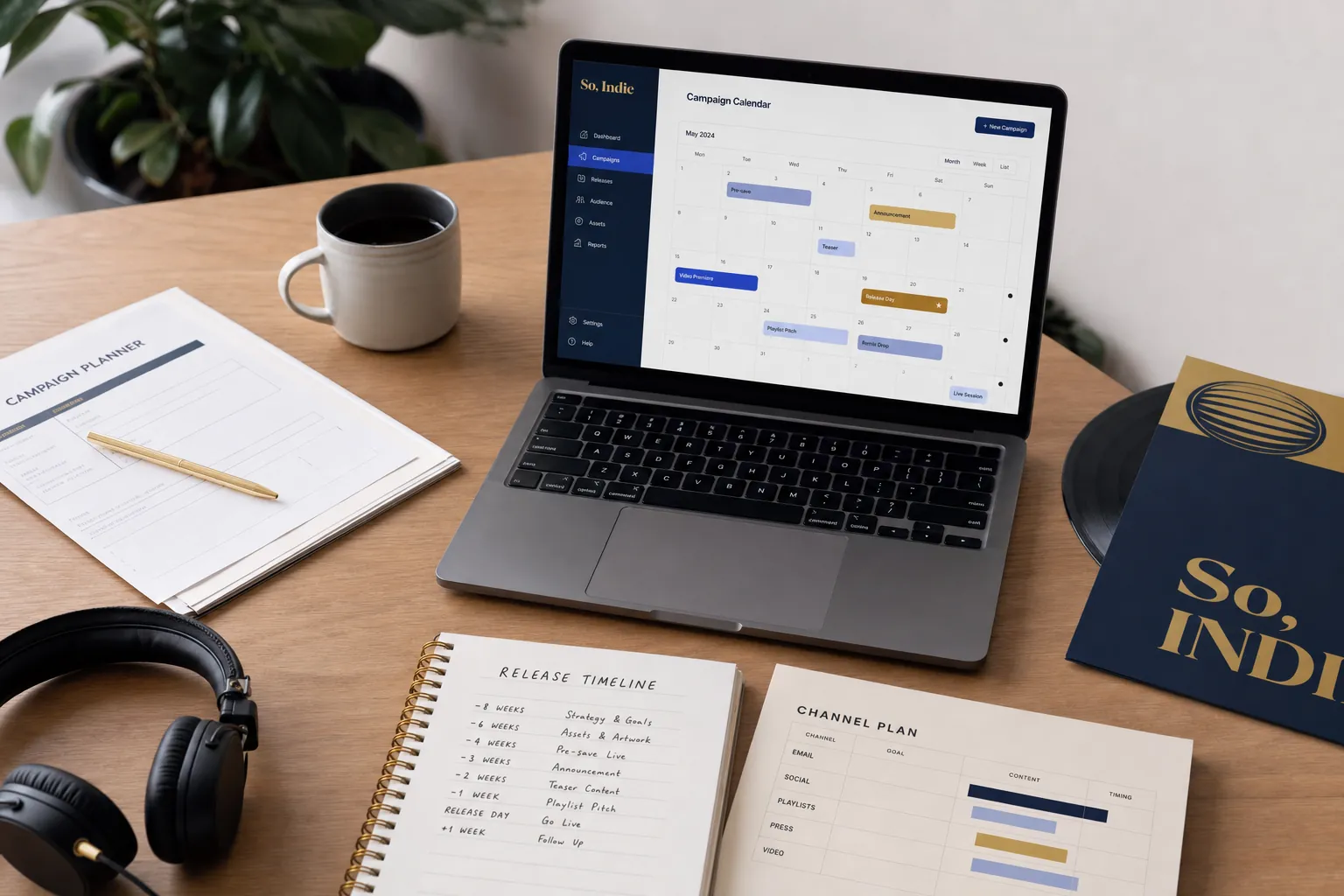 Artist business planning desk with release calendar, headphones, and clean campaign planning interface