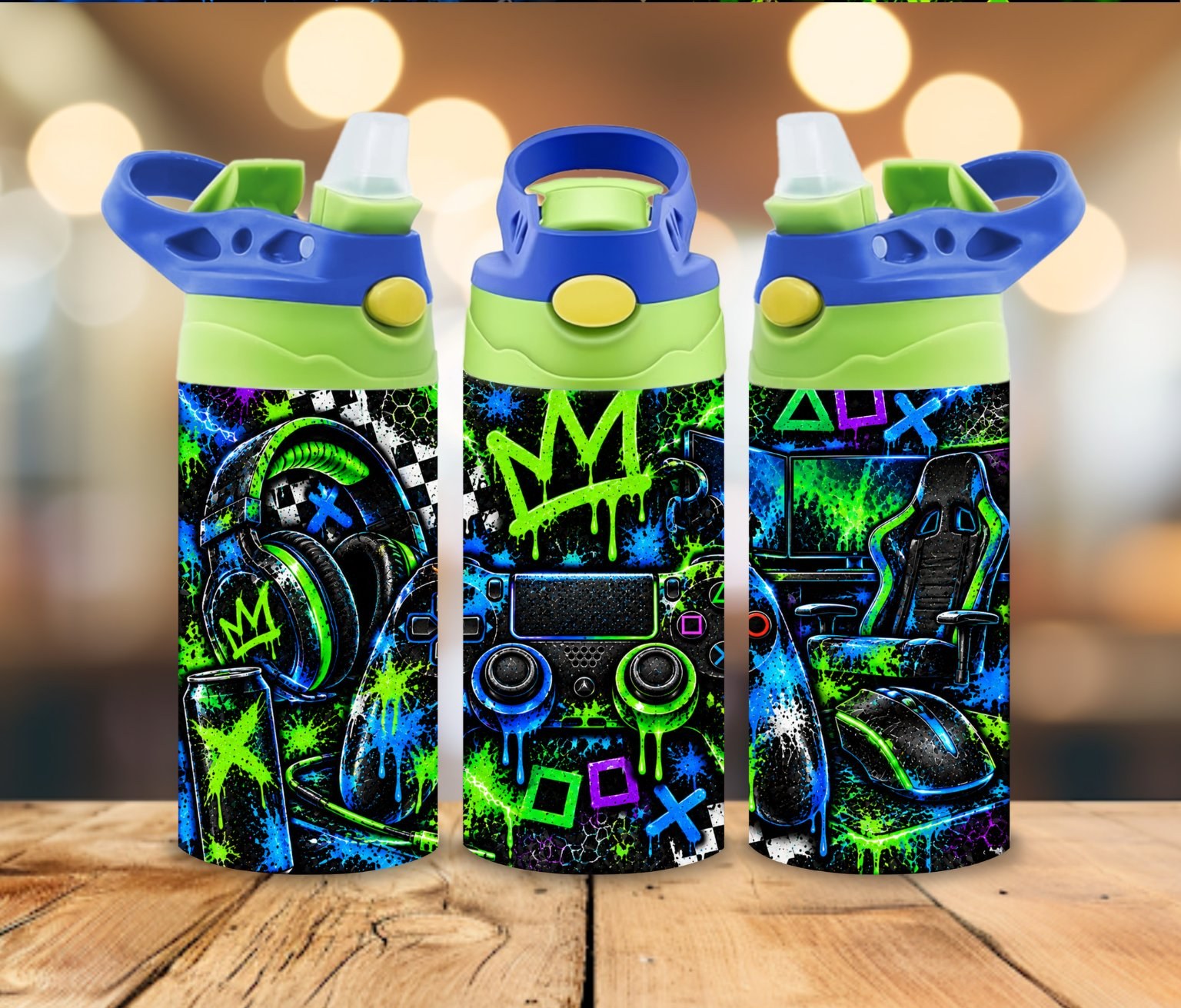 12 oz Gamer Water Bottle for Kids | Neon Blue & Green Gaming Tumbler