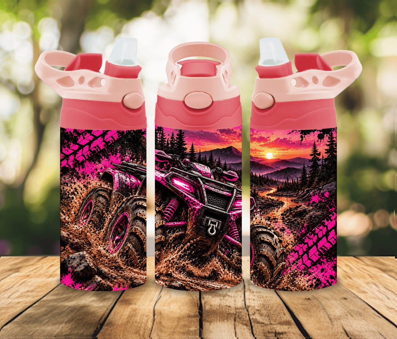12 oz Girls ATV Water Bottle | Pink Muddy Four Wheeler Design | Girls Off Road Gift