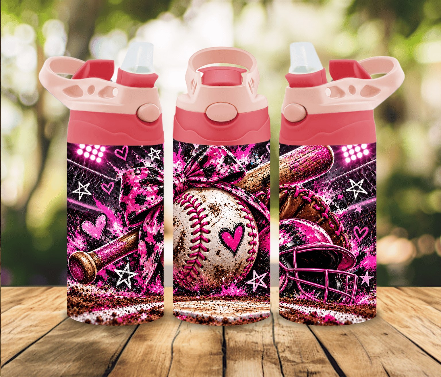 12 oz Girls Baseball Water Bottle | Pink Leopard Print Baseball Bow | Girls Sports Gift