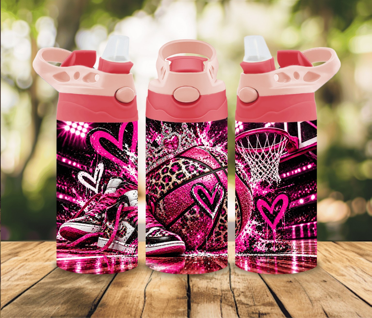 12 oz Girls Basketball Water Bottle | Pink Leopard Print Basketball | Girls Sports Gift